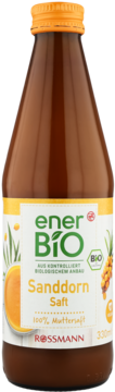 enerBIO Sanddorn Saft, 100% sok bezpośredni z rokitnika w szklanej butelce, pomarańczowa nakrętka, front.