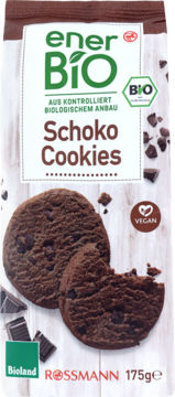 Wegańskie ciasteczka enerBio Schoko Cookies 175g, brązowe z kawałkami czekolady, widok opakowania z przodu.