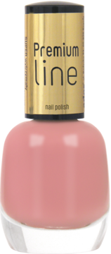 Ados Premium Line trwały lakier do paznokci w pudrowo-różowej butelce ze złotą nakrętką, widok z przodu.