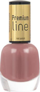 Lakier do paznokci Premium Line w szklanej butelce, kolor przydymionego różu, złota zakrętka, z przodu.