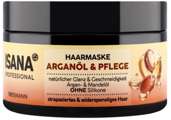 Isana Professional maska Arganöl & Pflege, czarna tubka z pomarańczową etykietą, bez silikonów, dla włosów zniszczonych.