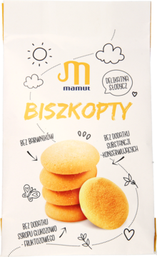 Opakowanie Mamut Biszkopty z rysunkami, pokazuje stos złocistych ciastek. Opisane jako bez barwników i konserwantów.