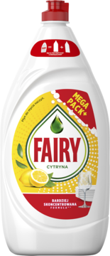 Biała butelka Fairy Płyn do naczyń Cytryna, widok z przodu. Etykieta z logo Fairy i cytrynami, czerwona nakrętka.