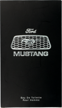 Czarne pudełko Ford Mustang Eau De Toilette dla mężczyzn, z metalowym grillem i koniem, widok z przodu.