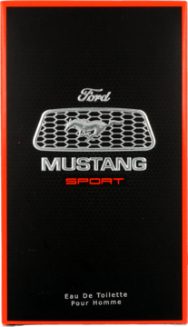 Czarne pudełko Mustang Sport EDT dla mężczyzn, z pomarańczowym brzegiem, srebrnym grillem i koniem, widok z przodu.