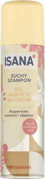 Isana Suchy Szampon do włosów jasnych, beżowa butelka z kwiatowym wzorem, natychmiast odświeża i nadaje objętość.