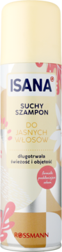 ISANA Suchy Szampon do jasnych włosów. Beżowo-srebrna butelka z kwiatami, logo Rossmann, widok z przodu.
