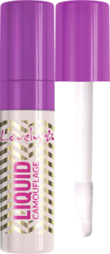 Fioletowy korektor w płynie Lovely Liquid Camouflage, mocno kryjący, z wysuniętym aplikatorem.