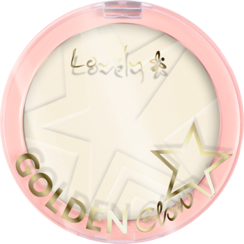 Korygujący puder Lovely Golden Glow Banana w różowym, okrągłym kompakcie, z wytłoczonymi gwiazdami i złotym napisem.