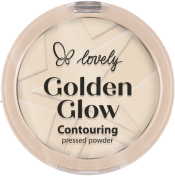 Widok z góry: Lovely Golden Glow Contouring puder prasowany, jasny beżowo-żółty, z gwiazdami i logo motyla.