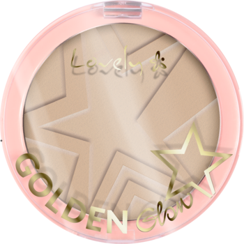 Różowy, okrągły puder Lovely Golden Glow Light Beige, z beżowym wkładem w gwiazdki, widok z góry.