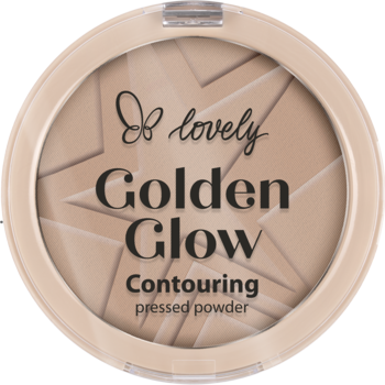 Jasny beżowy prasowany puder konturujący Lovely Golden Glow, okrągły, z wytłoczoną gwiazdą i tekstem.