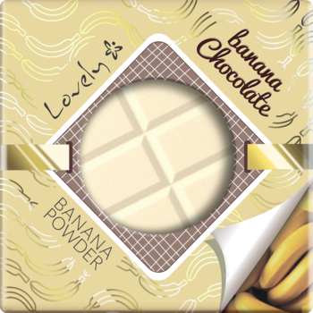 Bananowo-czekoladowy puder do twarzy w żółtym opakowaniu z okienkiem ukazującym biały wkład, widok z przodu.