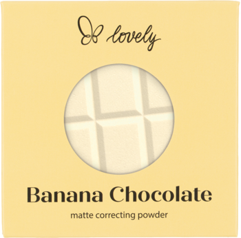 Lovely Banana Chocolate matujący puder korygujący w żółtym opakowaniu, widoczny biały puder w wzór czekolady.
