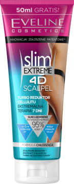 Eveline Slim Extreme 4D Scalpel, turbo reduktor cellulitu w różowo-niebieskiej tubce, widok z przodu.