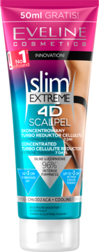 Eveline Slim Extreme 4D Scalpel, turbo reduktor cellulitu, różowo-niebieska tubka, 50ml gratis, widok z przodu.