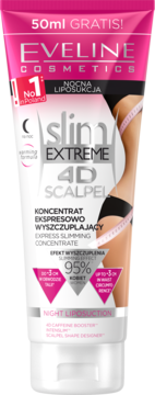 Różowo-biała tubka Eveline Slim Extreme 4D Scalpel, Nocna Liposukcja, wyszczuplający koncentrat z miarką.