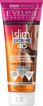 Eveline Slim Extreme 4D Scalpel, pomarańczowo-różowe serum redukujące cellulit, widok z przodu, formuła rozgrzewająca.