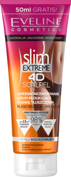 Eveline Slim Extreme 4D Scalpel, pomarańczowo-różowe serum redukujące cellulit, widok z przodu, formuła rozgrzewająca.