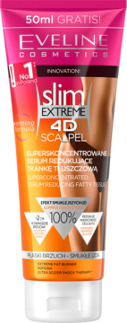 Eveline Slim Extreme 4D Scalpel serum redukujące tkankę tłuszczową, różowo-pomarańczowa tuba, widok z przodu.