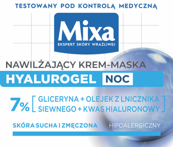 Mixa Hyalurogel Noc, nawilżający krem-maska. Biała etykieta z niebieskim napisem i 7% składników aktywnych.