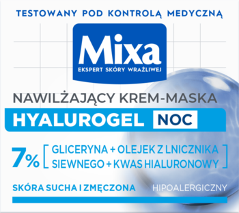 Mixa Hyalurogel Noc nawilżający krem-maska, biało-niebieska etykieta z 7% gliceryny, olejem lnianym i kwasem hialuronowym.