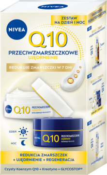 NIVEA Q10 PRZECIWZMARSZCZKOWE UJĘDRNIENIE Zestaw Dzień/Noc. Białe pudełko z grafikami kremów.