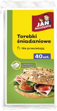 Opakowanie torebek śniadaniowych Jan Niezbędny, zielono-żółte, z kanapką i napisem 'Nie przeciekają'.