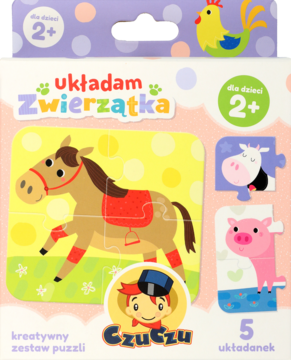 Zestaw puzzli CzuCzu Układam zwierzątka dla dzieci 2+, z koniem, krową i świnką na kolorowym pudełku.
