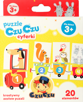 CzuCzu puzzle Cyferki dla dzieci 3+. Białe pudełko z pociągiem, cyframi 1-4 i zwierzętami. Kreatywny zestaw 20 el.