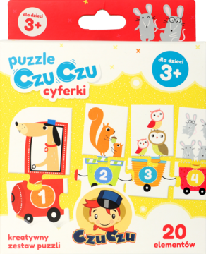 CzuCzu puzzle Cyferki dla dzieci 3+. Białe pudełko z pociągiem, cyframi 1-4 i zwierzętami. Kreatywny zestaw 20 el.