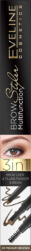 Eveline Brow Styler 3in1, czarno-złoty, z aplikatorami do brwi i zbliżeniem oka. Odcień Medium Brown.
