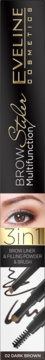 Eveline Cosmetics Brow Styler 3in1 w kolorze 03 Dark Brown, pionowe opakowanie z okiem i narzędziami.