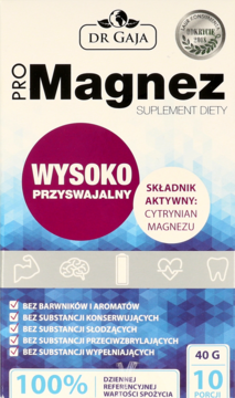 Dr. Gaja ProMagnez, suplement diety z wysoko przyswajalnym cytrynianem magnezu. Biało-niebieskie opakowanie.