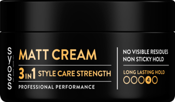 Syoss Matt Cream, czarna pasta do włosów 3w1, słoiczek ze złotymi napisami, widok z przodu, matowe utrwalenie.