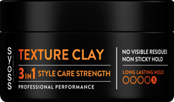 Czarny jar Syoss Texture Clay, front, pomarańczowy tekst 3w1, mocne utrwalenie, matowe wykończenie, bez śladów.