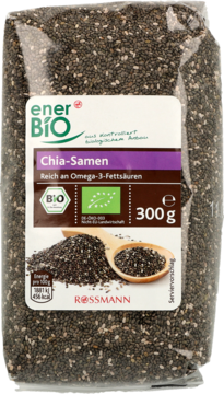 enerBiO Chia-Samen, 300g transparent bag, front view, highlighting Omega-3 fatty acids.