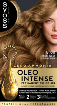 Syoss Oleo Intense 8-60 Miodowy Blond, trwała farba do włosów bez amoniaku, widok z przodu.