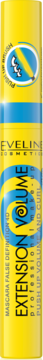 Żółta maskara Eveline Cosmetics Extension Volume, tubka z niebieskim spiralnym wzorem, widok z przodu.
