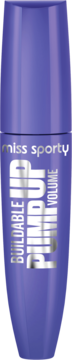 Miss Sporty Pump Up Buildable Volume mascara w fioletowej tubce, srebrne napisy, widok z przodu.