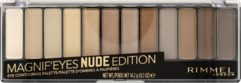 Rimmel Magnif'Eyes Nude Edition paleta cieni, 12 matowych i błyszczących odcieni nude, widok z góry.