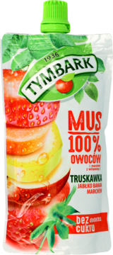 Mus Tymbark 100% owoców truskawka, jabłko, banan, marchew w białej saszetce z zieloną zakrętką, widok z przodu.