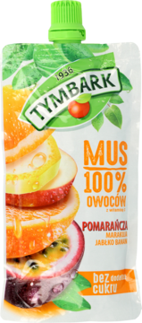 Biała saszetka Tymbark Mus 100% Owoców pomarańcza, marakuja, jabłko, banan, z grafiką owoców i zieloną zakrętką.