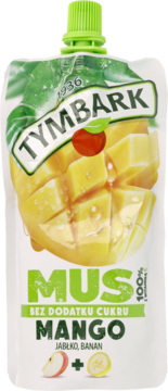 Tymbark Mus mango, jabłko, banan bez dodatku cukru w białej saszetce z zieloną zakrętką, widok z przodu.