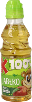 Sok jabłkowy 100% z witaminą C w butelce z zieloną nakrętką, z etykietą "Jabłko" i misiem.