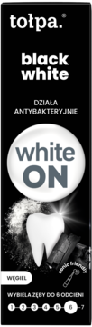 Czarne opakowanie pasty Tołpa Black White z napisem 'white ON' i grafiką węgla wybielającego do 6 odcieni.