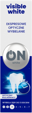 Pasta wybielająca visible white w niebiesko-białym opakowaniu, logo ON, efekt do 3 odcieni, widok z przodu.