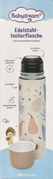 Babydream termos ze stali nierdzewnej 500ml w owocowy wzór, z automatycznym zamknięciem, widoczny na opakowaniu.