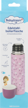 Różowy termos Babydream ze stali nierdzewnej 500ml z kubkiem i ptaszkiem, w opakowaniu, widok z przodu.