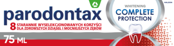 Parodontax Whitening Complete Protection pasta do zębów 75 ml, białe pudełko, widok z przodu, z '8 korzyści'.